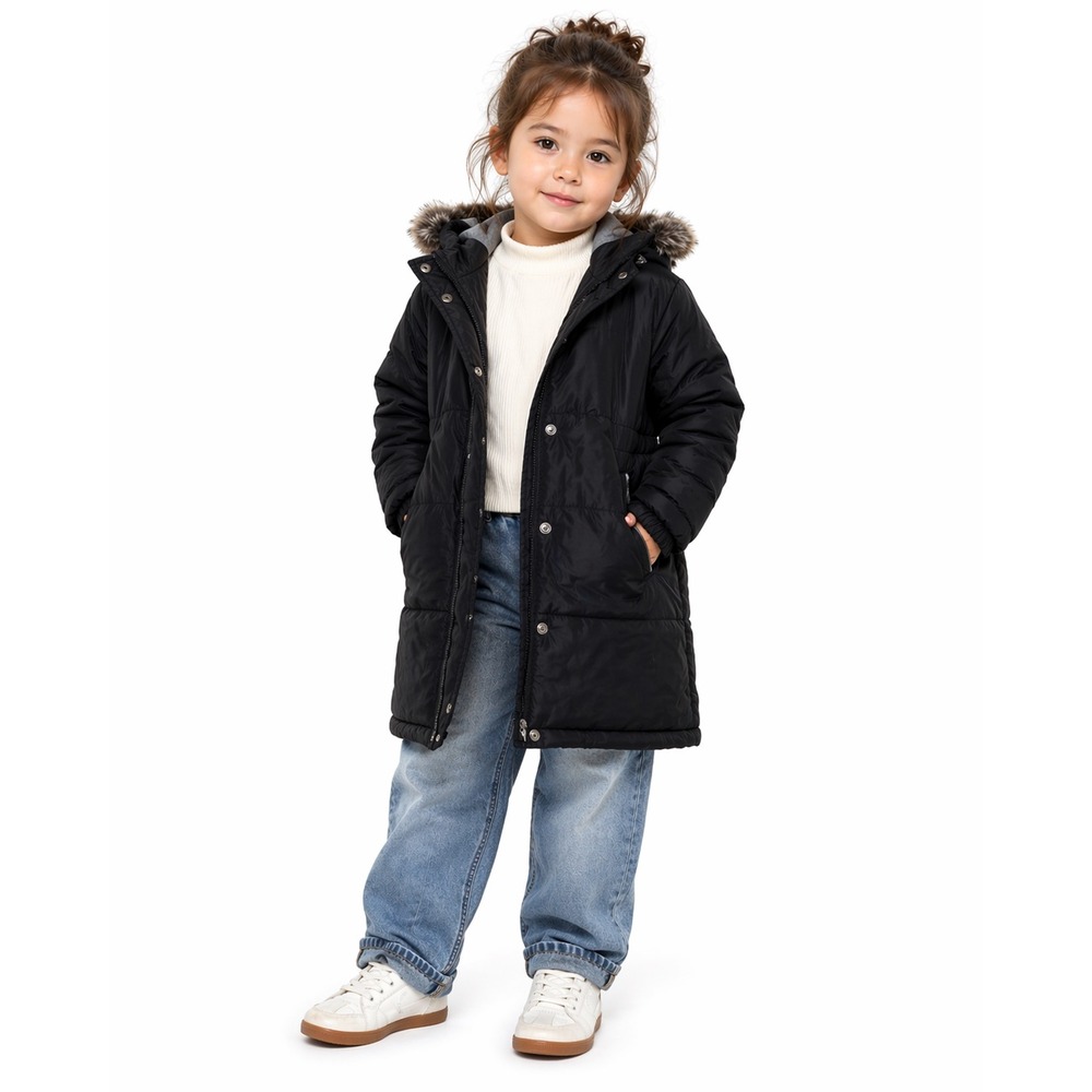 Petit Bateau Puffer Coat Kids 3T Black Faux Fur Hood‎ Fleece Lined Winter Parka